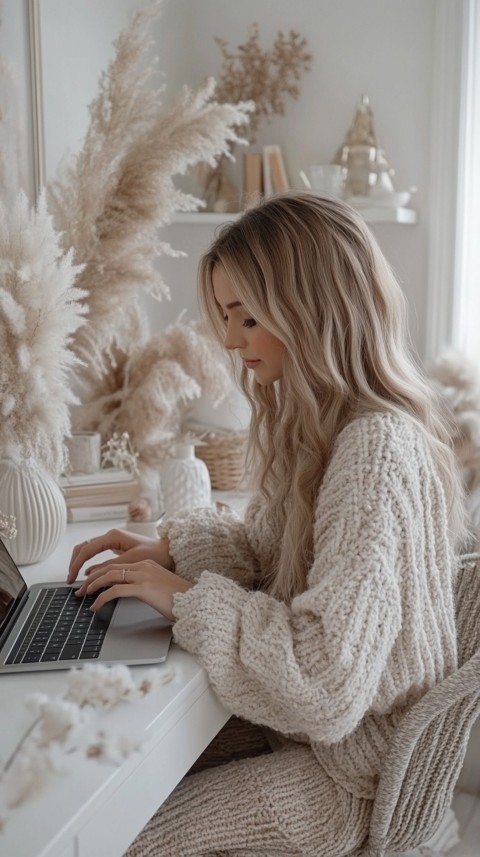 Hands Typing on a Laptop on a White Desk with Minimal Decoration – Cozy Feminine Blogger Aesthetic (149)