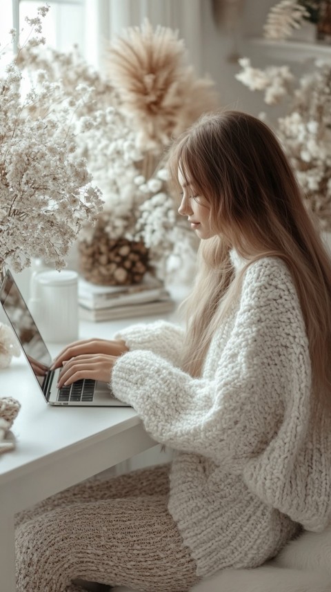 Hands Typing on a Laptop on a White Desk with Minimal Decoration – Cozy Feminine Blogger Aesthetic (176)