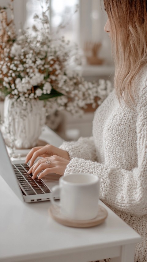 Hands Typing on a Laptop on a White Desk with Minimal Decoration – Cozy Feminine Blogger Aesthetic (161)