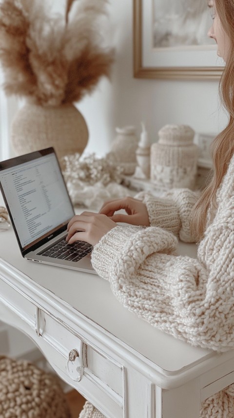 Hands Typing on a Laptop on a White Desk with Minimal Decoration – Cozy Feminine Blogger Aesthetic (175)