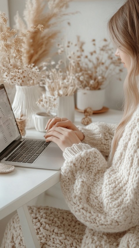 Hands Typing on a Laptop on a White Desk with Minimal Decoration – Cozy Feminine Blogger Aesthetic (180)