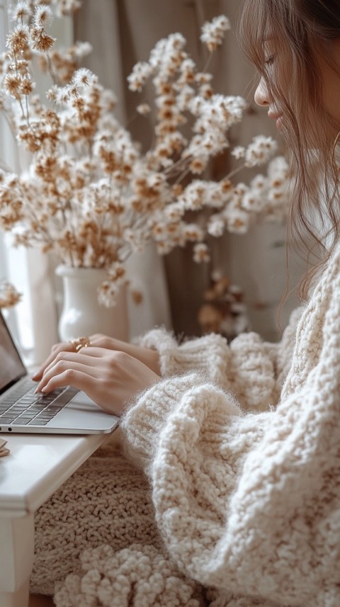 Hands Typing on a Laptop on a White Desk with Minimal Decoration – Cozy Feminine Blogger Aesthetic (178)