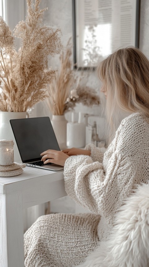 Hands Typing on a Laptop on a White Desk with Minimal Decoration – Cozy Feminine Blogger Aesthetic (153)