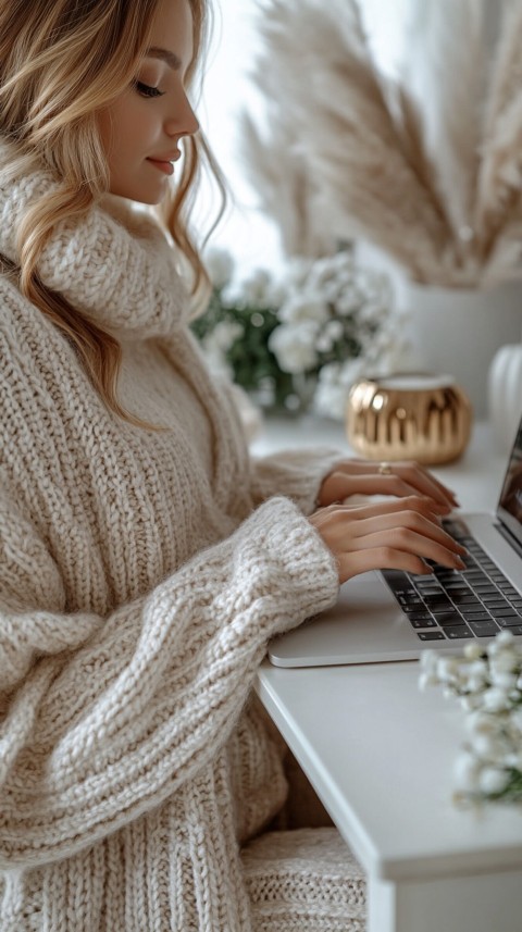 Hands Typing on a Laptop on a White Desk with Minimal Decoration – Cozy Feminine Blogger Aesthetic (172)