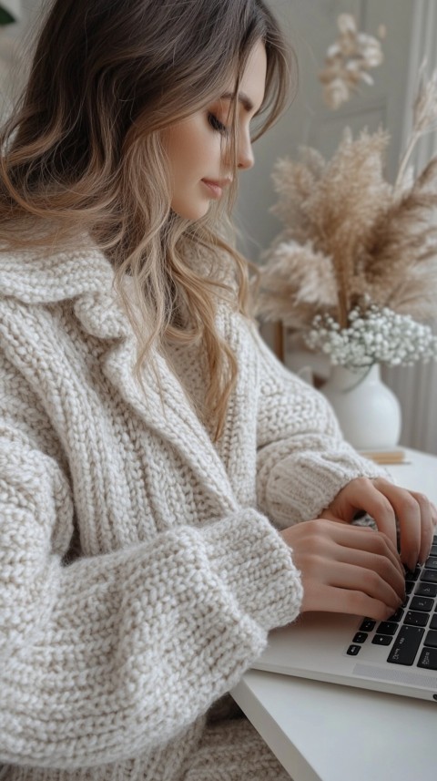 Hands Typing on a Laptop on a White Desk with Minimal Decoration – Cozy Feminine Blogger Aesthetic (152)