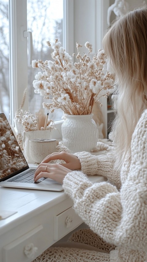 Hands Typing on a Laptop on a White Desk with Minimal Decoration – Cozy Feminine Blogger Aesthetic (164)