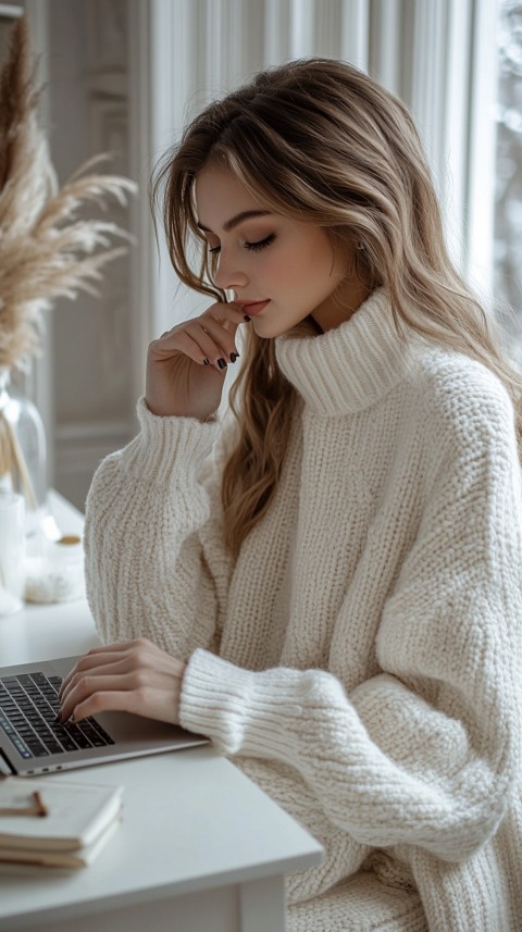 Hands Typing on a Laptop on a White Desk with Minimal Decoration – Cozy Feminine Blogger Aesthetic (173)