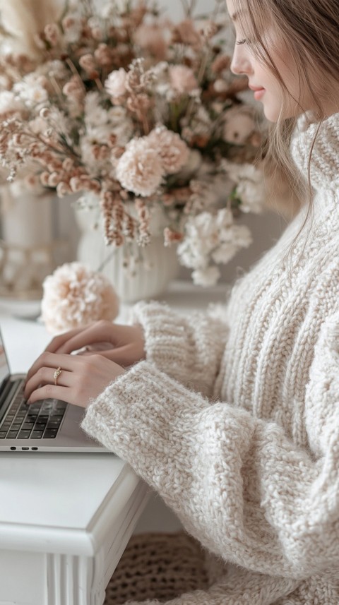 Hands Typing on a Laptop on a White Desk with Minimal Decoration – Cozy Feminine Blogger Aesthetic (163)