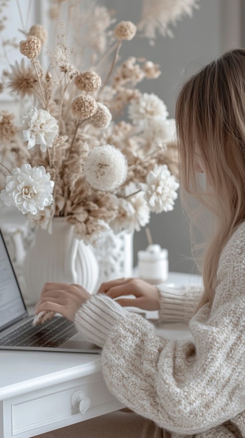 Hands Typing on a Laptop on a White Desk with Minimal Decoration – Cozy Feminine Blogger Aesthetic (210)