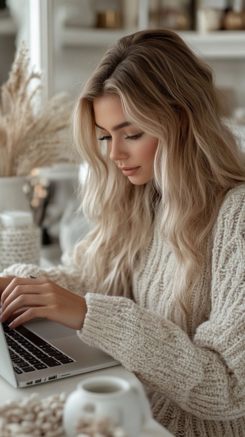 Hands Typing on a Laptop on a White Desk with Minimal Decoration – Cozy Feminine Blogger Aesthetic (192)