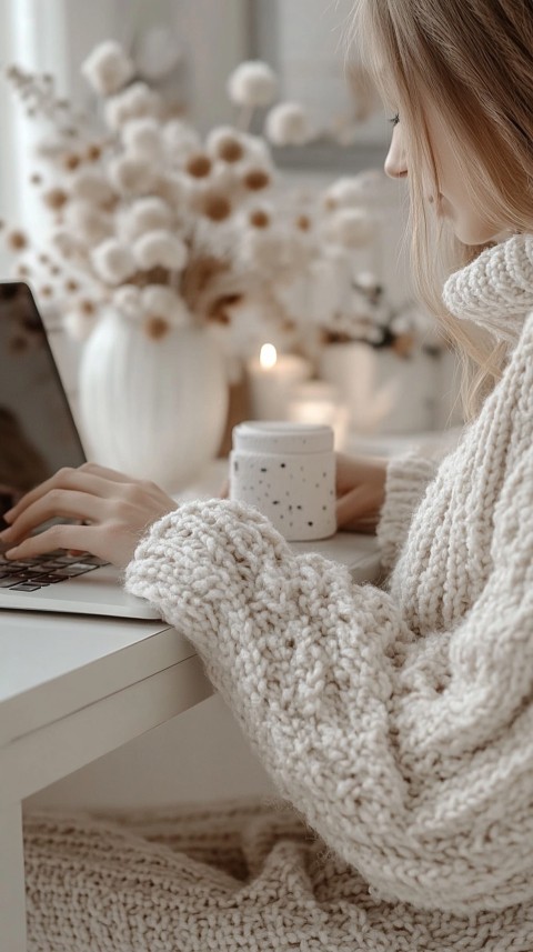 Hands Typing on a Laptop on a White Desk with Minimal Decoration – Cozy Feminine Blogger Aesthetic (190)