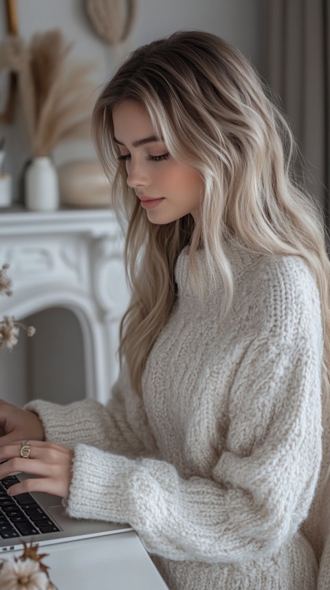 Hands Typing on a Laptop on a White Desk with Minimal Decoration – Cozy Feminine Blogger Aesthetic (191)