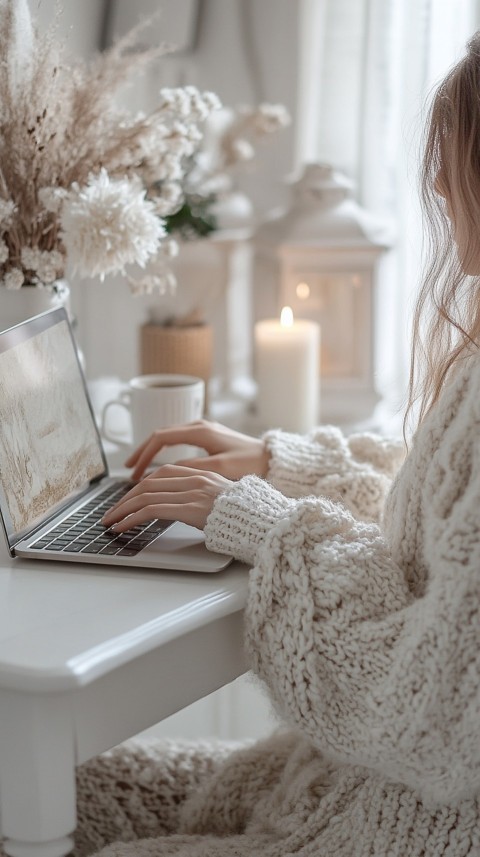 Hands Typing on a Laptop on a White Desk with Minimal Decoration – Cozy Feminine Blogger Aesthetic (186)