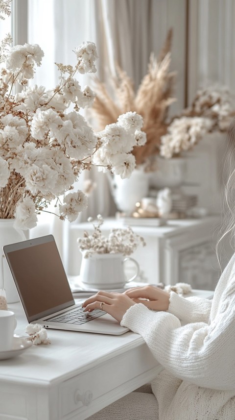 Hands Typing on a Laptop on a White Desk with Minimal Decoration – Cozy Feminine Blogger Aesthetic (187)