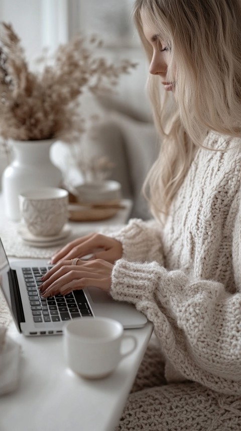 Hands Typing on a Laptop on a White Desk with Minimal Decoration – Cozy Feminine Blogger Aesthetic (197)