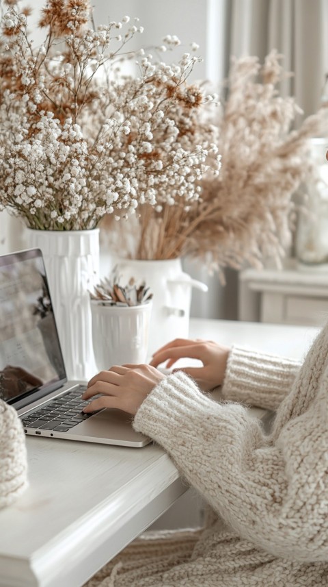 Hands Typing on a Laptop on a White Desk with Minimal Decoration – Cozy Feminine Blogger Aesthetic (198)