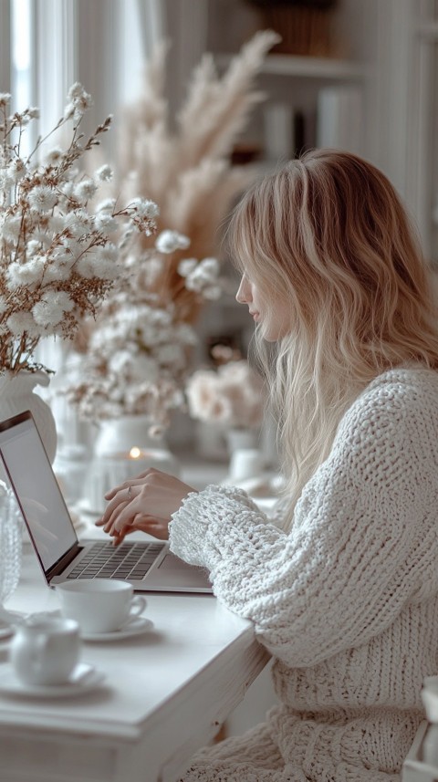 Hands Typing on a Laptop on a White Desk with Minimal Decoration – Cozy Feminine Blogger Aesthetic (185)