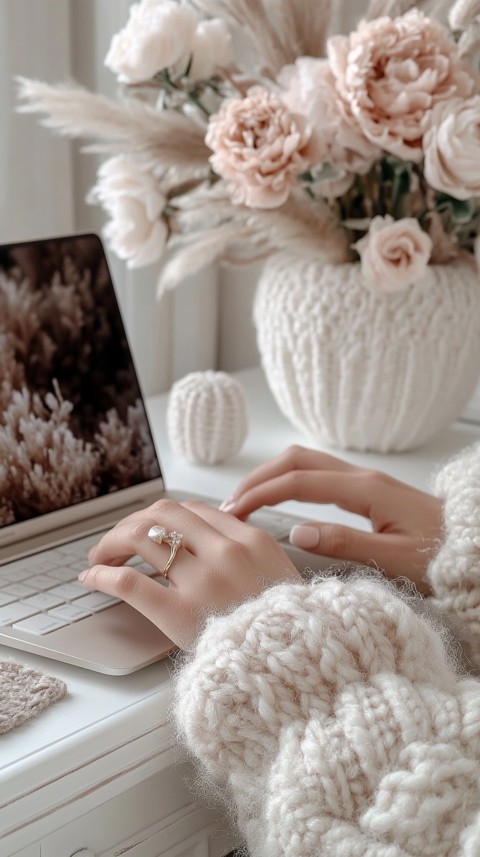 Hands Typing on a Laptop on a White Desk with Minimal Decoration – Cozy Feminine Blogger Aesthetic (206)