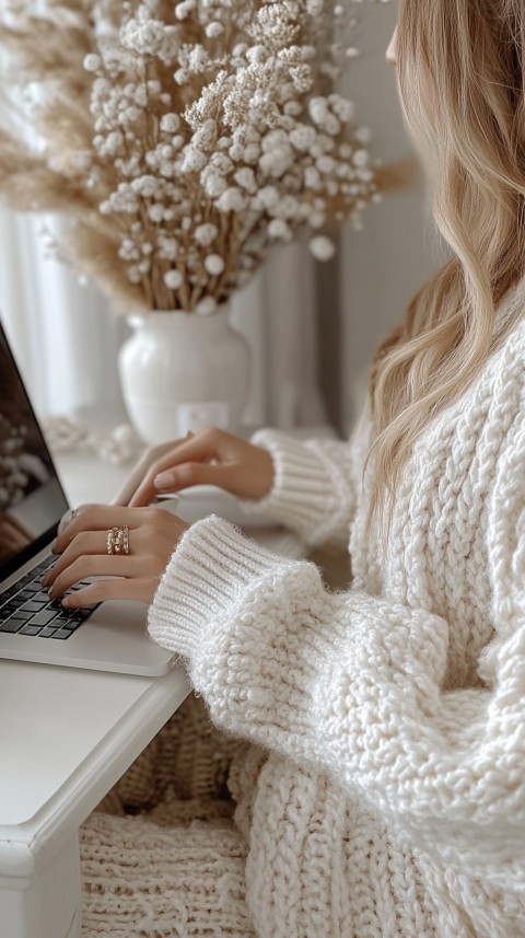 Hands Typing on a Laptop on a White Desk with Minimal Decoration – Cozy Feminine Blogger Aesthetic (203)