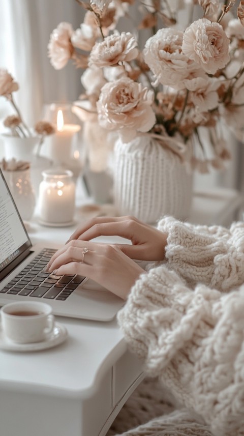 Hands Typing on a Laptop on a White Desk with Minimal Decoration – Cozy Feminine Blogger Aesthetic (246)