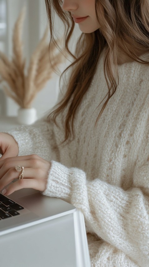 Hands Typing on a Laptop on a White Desk with Minimal Decoration – Cozy Feminine Blogger Aesthetic (219)