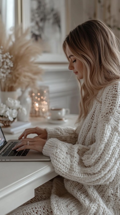 Hands Typing on a Laptop on a White Desk with Minimal Decoration – Cozy Feminine Blogger Aesthetic (234)