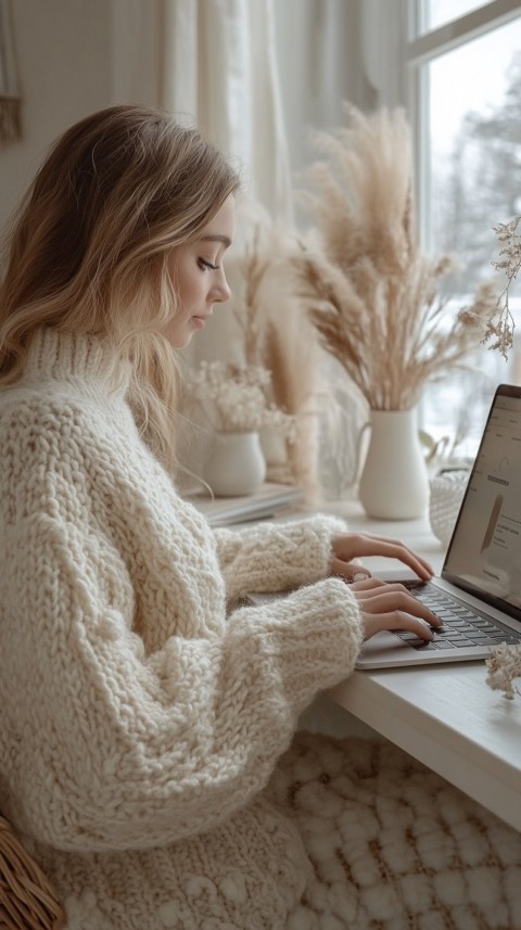 Hands Typing on a Laptop on a White Desk with Minimal Decoration – Cozy Feminine Blogger Aesthetic (217)