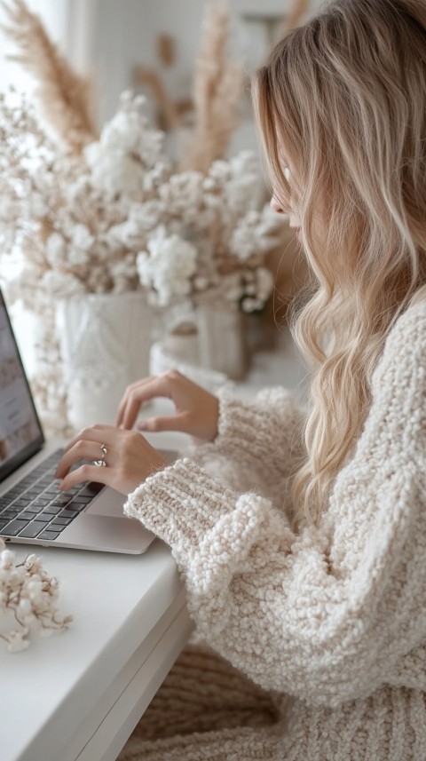 Hands Typing on a Laptop on a White Desk with Minimal Decoration – Cozy Feminine Blogger Aesthetic (245)