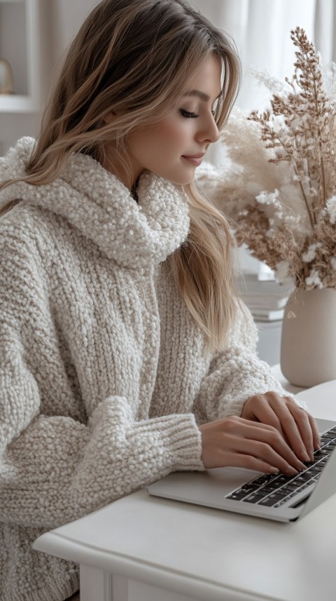 Hands Typing on a Laptop on a White Desk with Minimal Decoration – Cozy Feminine Blogger Aesthetic (215)