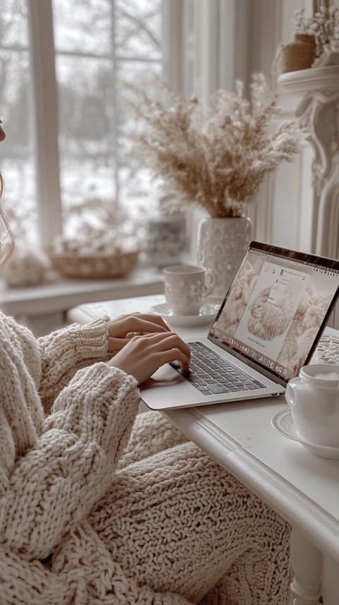 Hands Typing on a Laptop on a White Desk with Minimal Decoration – Cozy Feminine Blogger Aesthetic (213)