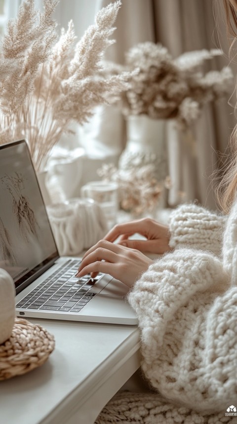 Hands Typing on a Laptop on a White Desk with Minimal Decoration – Cozy Feminine Blogger Aesthetic (235)