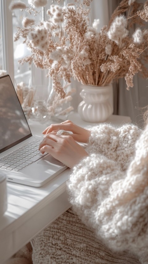 Hands Typing on a Laptop on a White Desk with Minimal Decoration – Cozy Feminine Blogger Aesthetic (224)