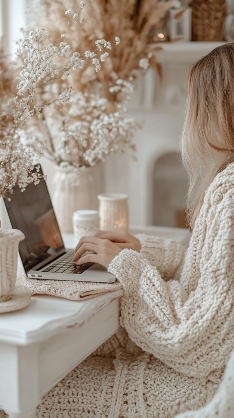 Hands Typing on a Laptop on a White Desk with Minimal Decoration – Cozy Feminine Blogger Aesthetic (228)