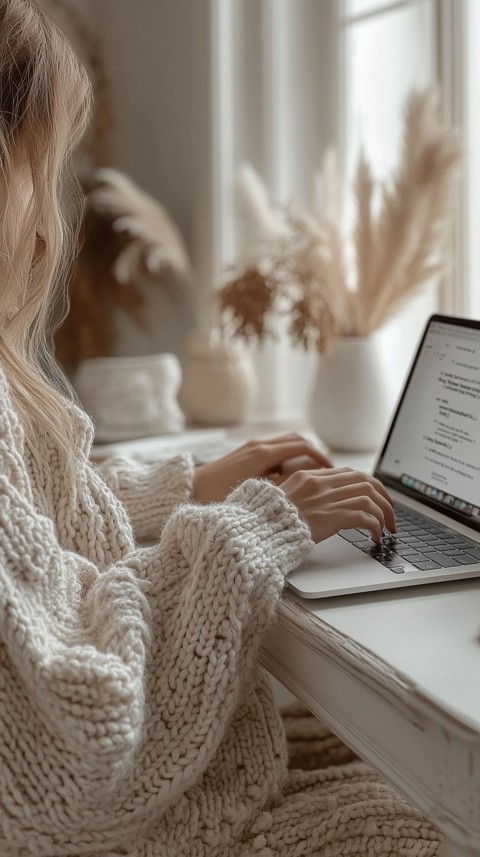 Hands Typing on a Laptop on a White Desk with Minimal Decoration – Cozy Feminine Blogger Aesthetic (239)