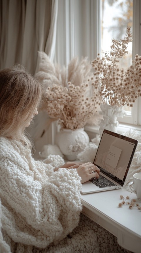 Hands Typing on a Laptop on a White Desk with Minimal Decoration – Cozy Feminine Blogger Aesthetic (233)