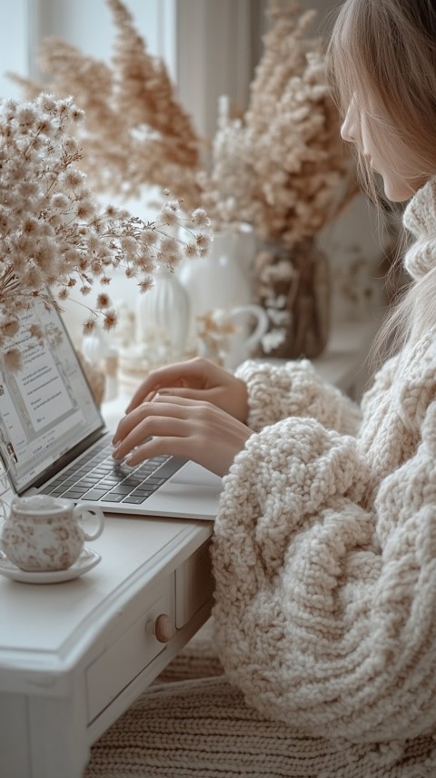 Hands Typing on a Laptop on a White Desk with Minimal Decoration – Cozy Feminine Blogger Aesthetic (236)