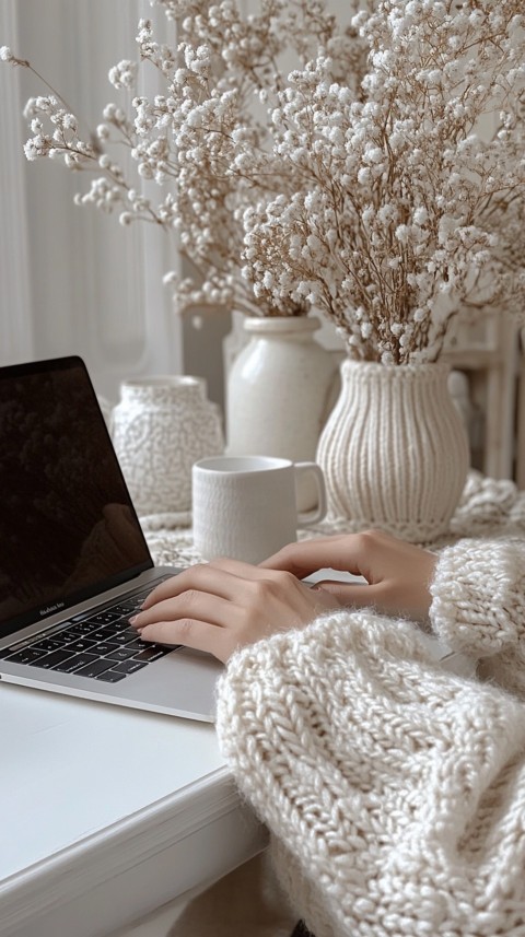 Hands Typing on a Laptop on a White Desk with Minimal Decoration – Cozy Feminine Blogger Aesthetic (214)