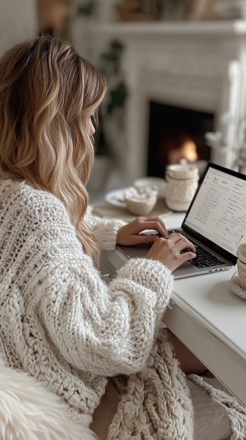 Hands Typing on a Laptop on a White Desk with Minimal Decoration – Cozy Feminine Blogger Aesthetic (241)