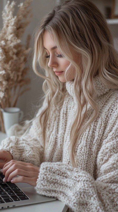 Hands Typing on a Laptop on a White Desk with Minimal Decoration – Cozy Feminine Blogger Aesthetic (240)