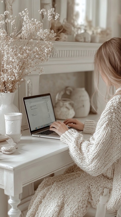 Hands Typing on a Laptop on a White Desk with Minimal Decoration – Cozy Feminine Blogger Aesthetic (218)