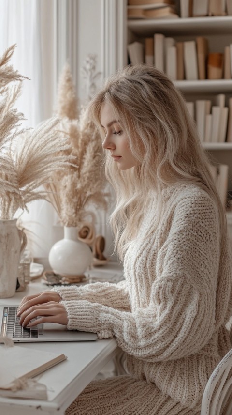 Hands Typing on a Laptop on a White Desk with Minimal Decoration – Cozy Feminine Blogger Aesthetic (222)