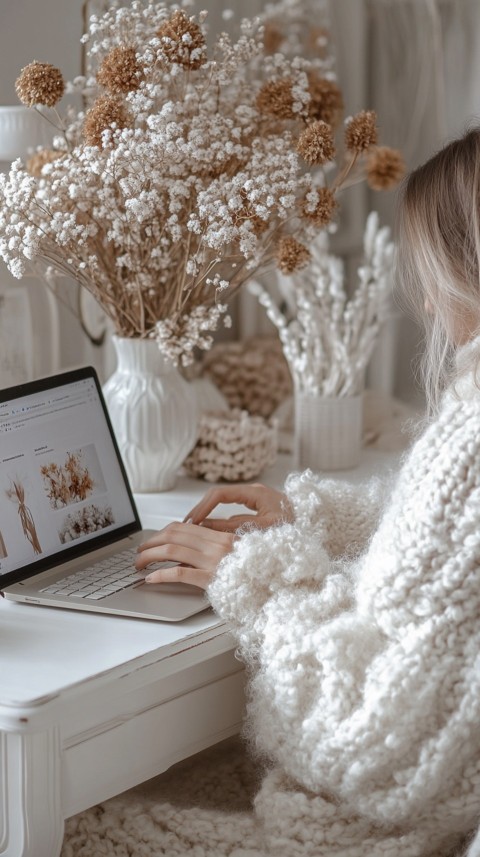 Hands Typing on a Laptop on a White Desk with Minimal Decoration – Cozy Feminine Blogger Aesthetic (247)