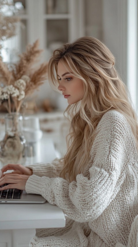 Hands Typing on a Laptop on a White Desk with Minimal Decoration – Cozy Feminine Blogger Aesthetic (251)