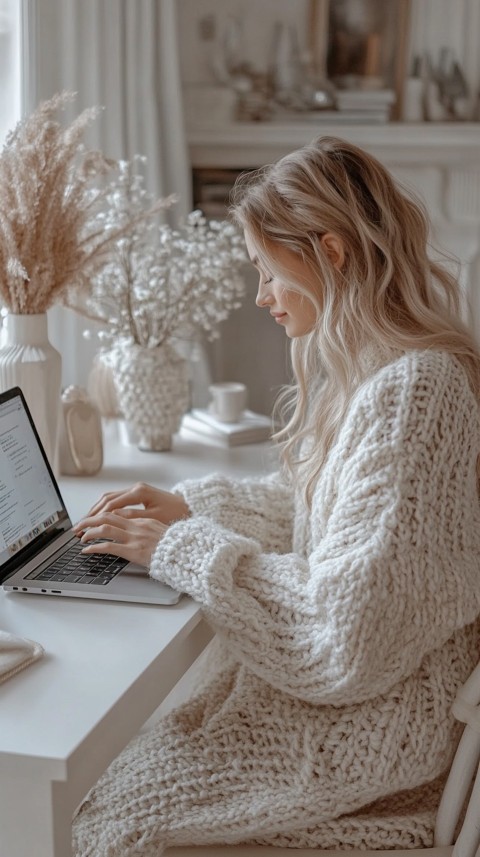 Hands Typing on a Laptop on a White Desk with Minimal Decoration – Cozy Feminine Blogger Aesthetic (253)