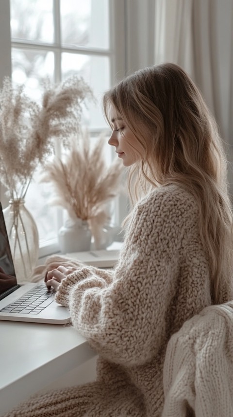 Hands Typing on a Laptop on a White Desk with Minimal Decoration – Cozy Feminine Blogger Aesthetic (269)