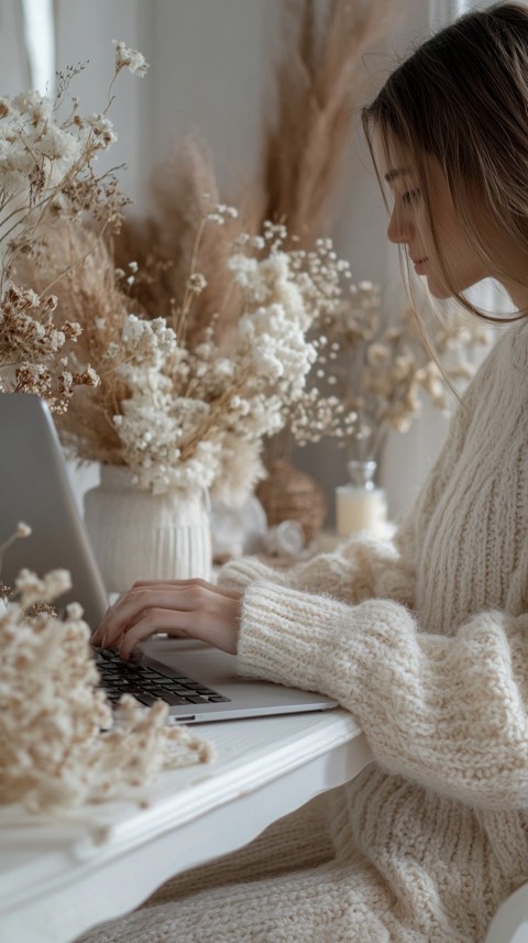 Hands Typing on a Laptop on a White Desk with Minimal Decoration – Cozy Feminine Blogger Aesthetic (259)