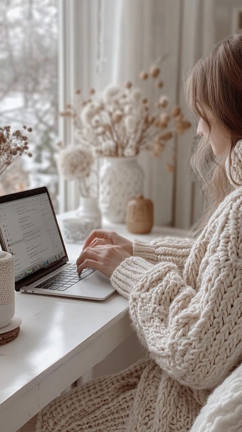 Hands Typing on a Laptop on a White Desk with Minimal Decoration – Cozy Feminine Blogger Aesthetic (252)