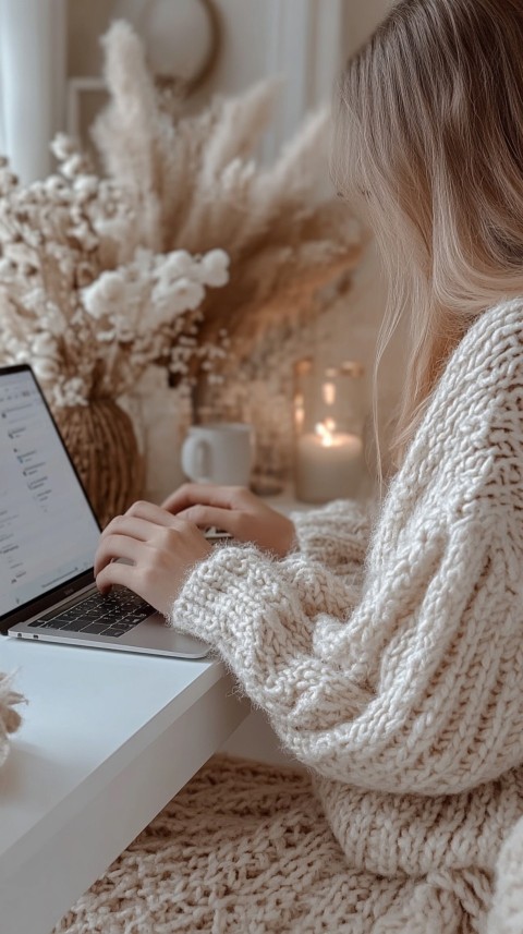 Hands Typing on a Laptop on a White Desk with Minimal Decoration – Cozy Feminine Blogger Aesthetic (276)