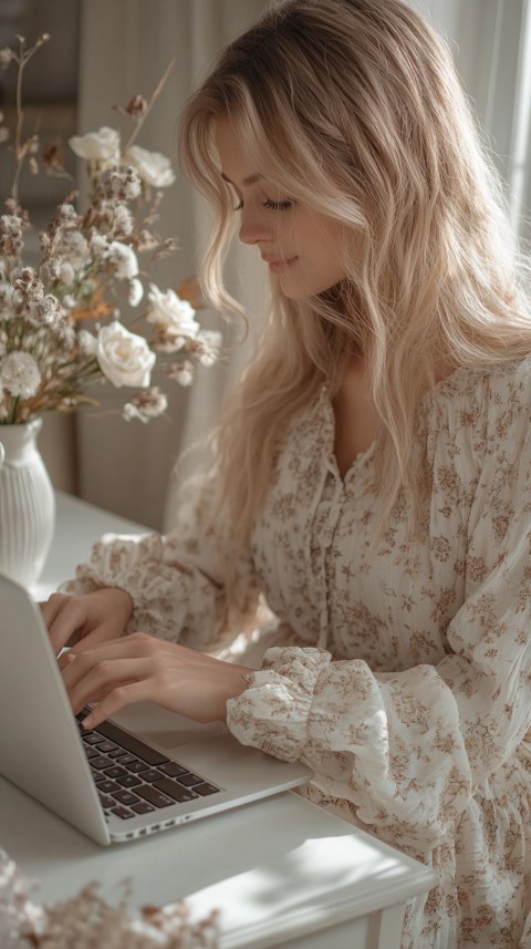 Hands Typing on a Laptop on a White Desk with Minimal Decoration – Cozy Feminine Blogger Aesthetic (298)