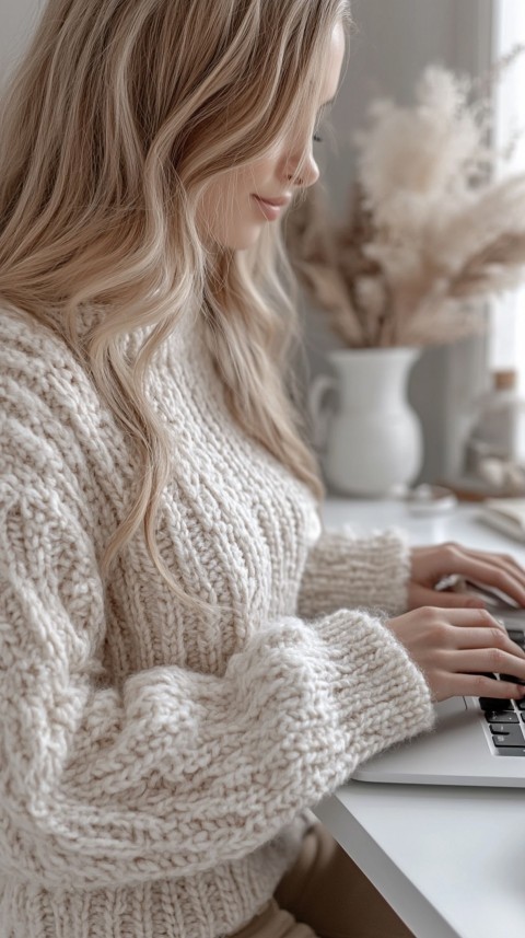 Hands Typing on a Laptop on a White Desk with Minimal Decoration – Cozy Feminine Blogger Aesthetic (265)